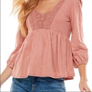 Derek Heart Women's Knit Lace Trim Peasant Blouse Long Sleeve Maroon Large NWT